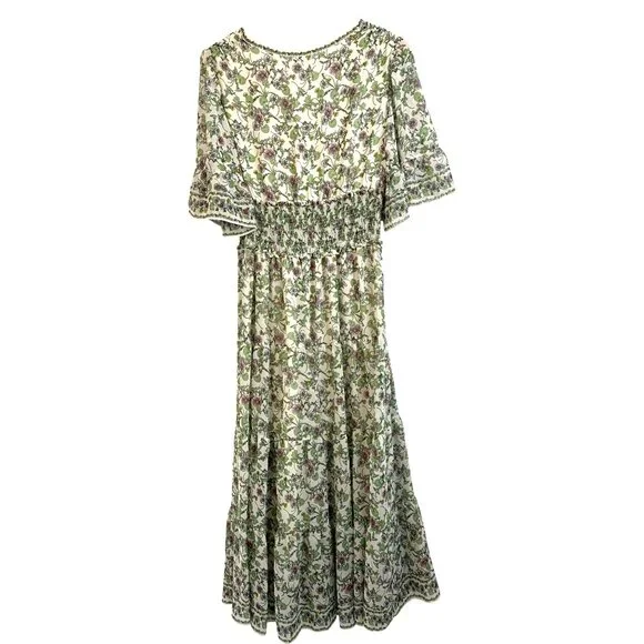 NWT Max Studio M Floral Maxi Dress Short Bell Sleeves Smock Tiered 8195 A-line - Picture 9 of 12